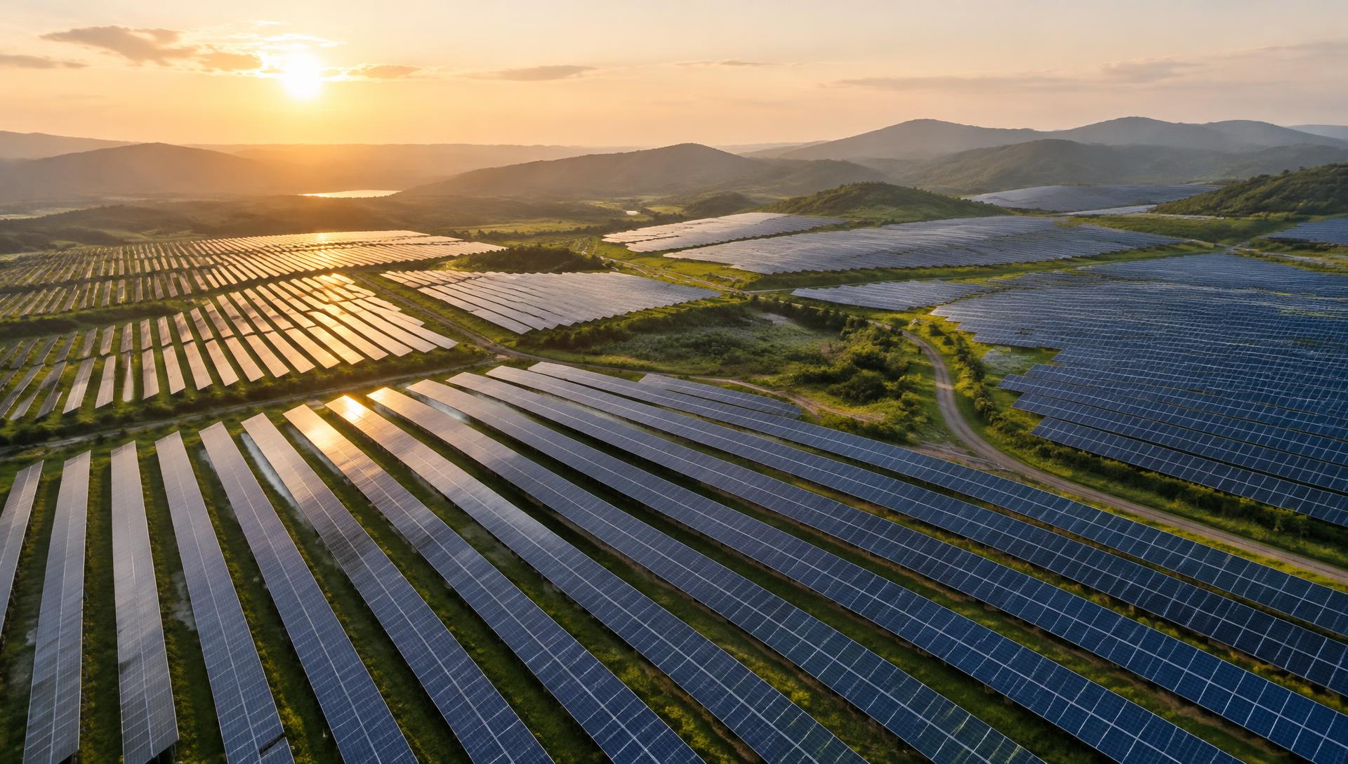 Usina solar em escala industrial com extensas fileiras de módulos fotovoltaicos ao pôr do sol